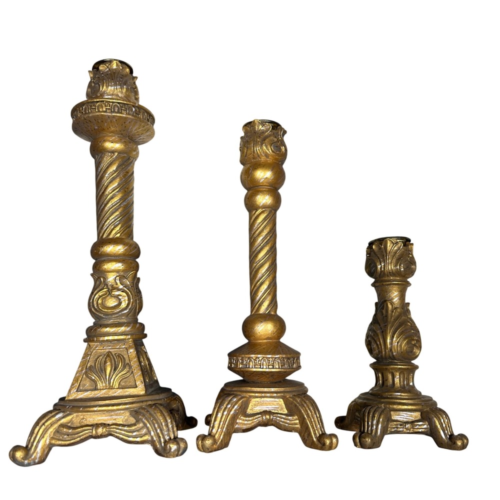 Vtg Regency Baroque Style Bronze Gold Ceramic Candle Stick Holders Set Of 3